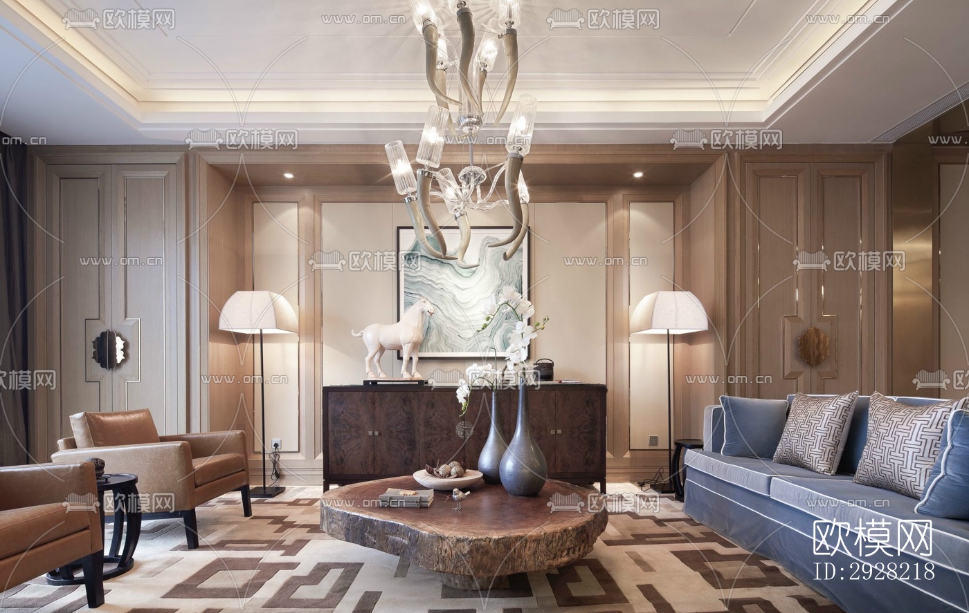 新中式平层效果图下载（渲染图8）