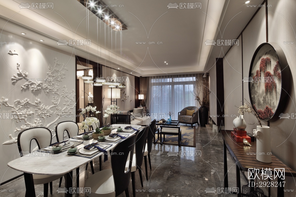 新中式平层效果图下载（渲染图12）