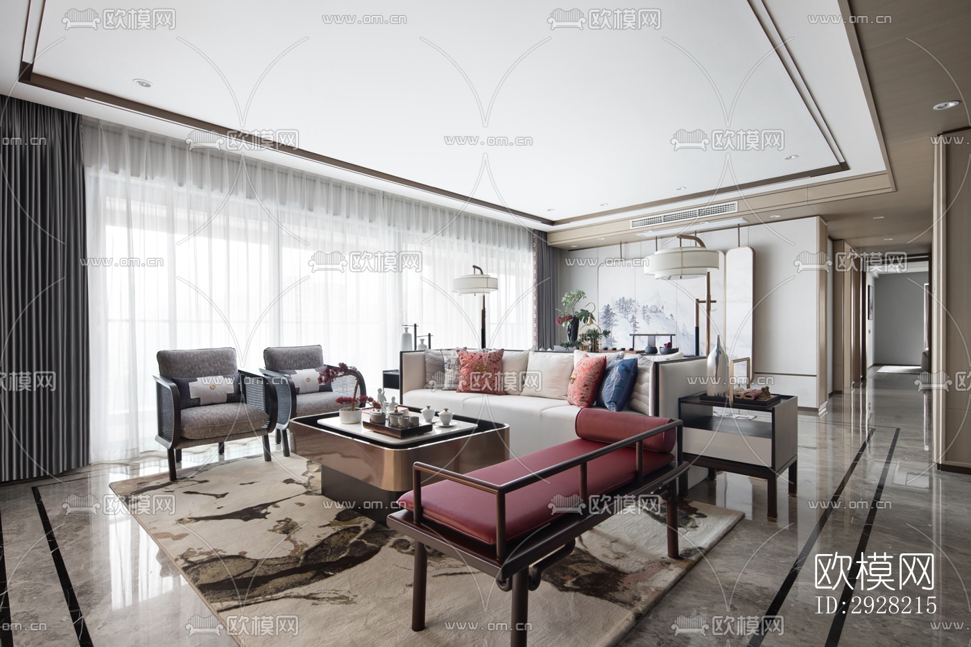 新中式平层效果图下载（渲染图14）