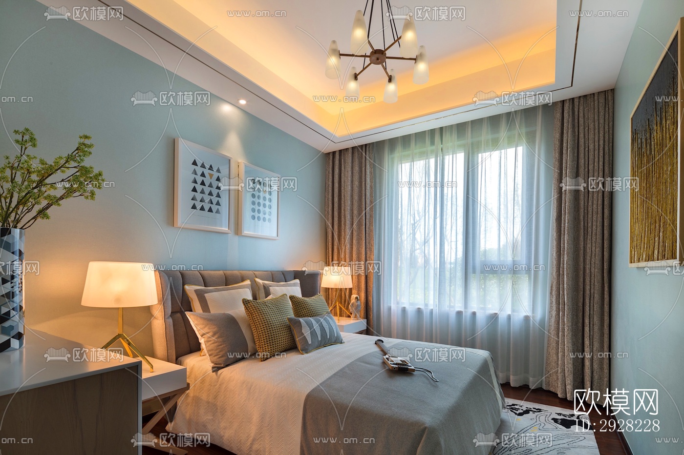 新中式平层效果图下载（渲染图2）