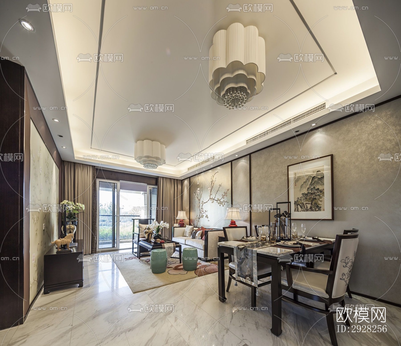 新中式平层效果图下载（渲染图12）