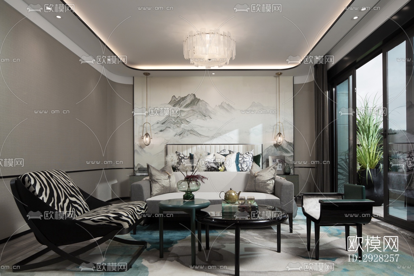 新中式平层效果图下载（渲染图4）