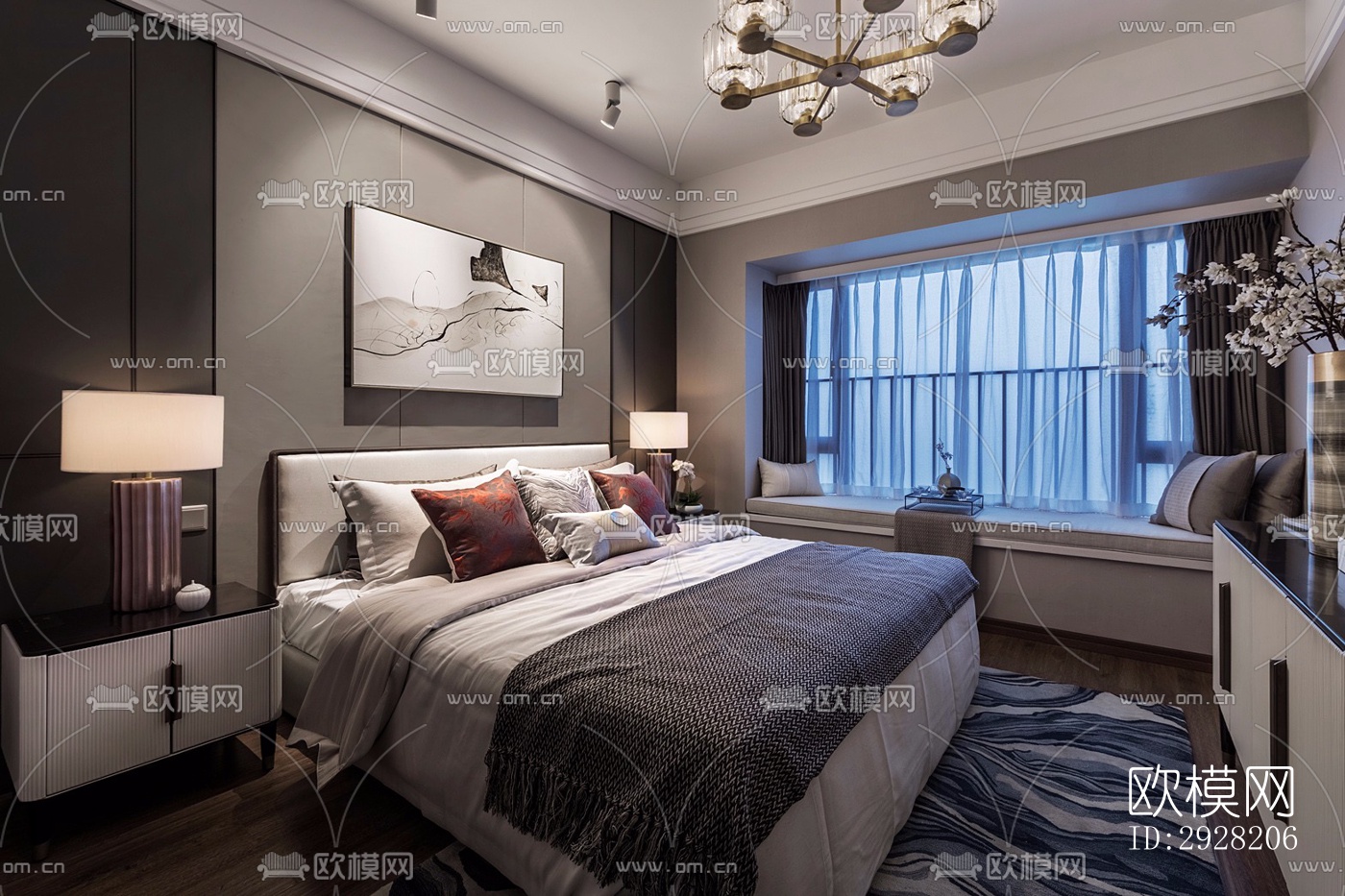 新中式平层效果图下载（渲染图13）