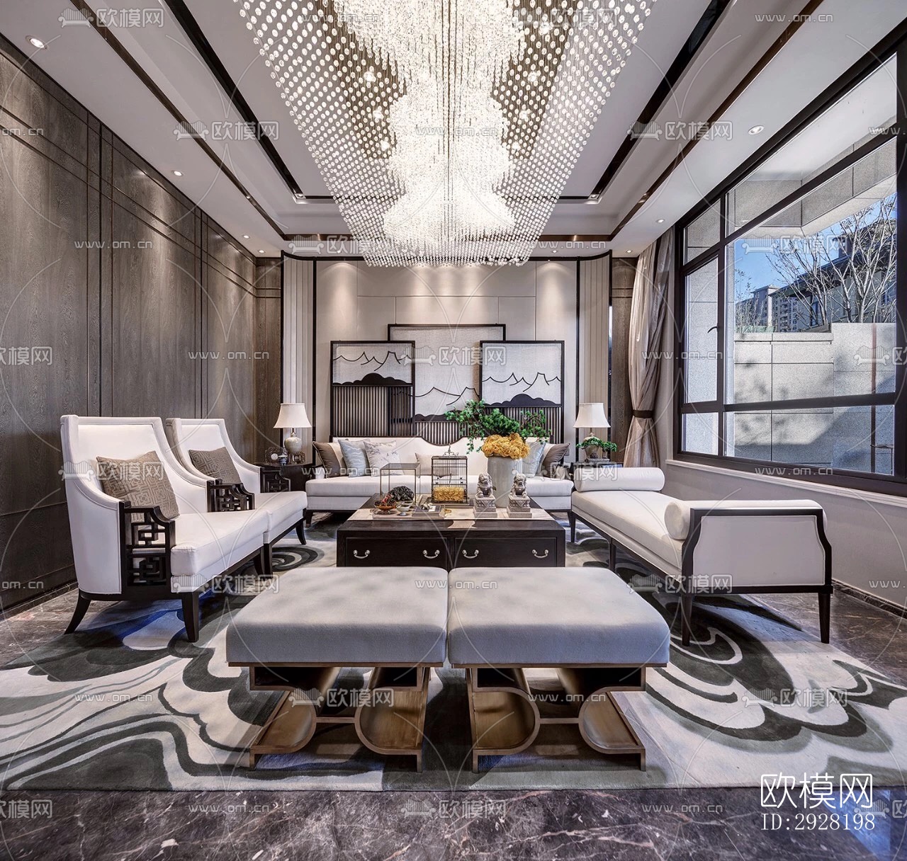 新中式平层效果图下载（渲染图7）