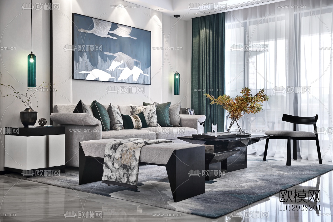 新中式平层效果图下载（渲染图3）