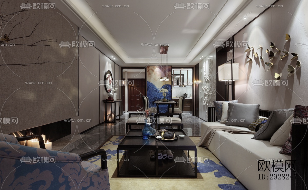 新中式平层效果图下载（渲染图11）