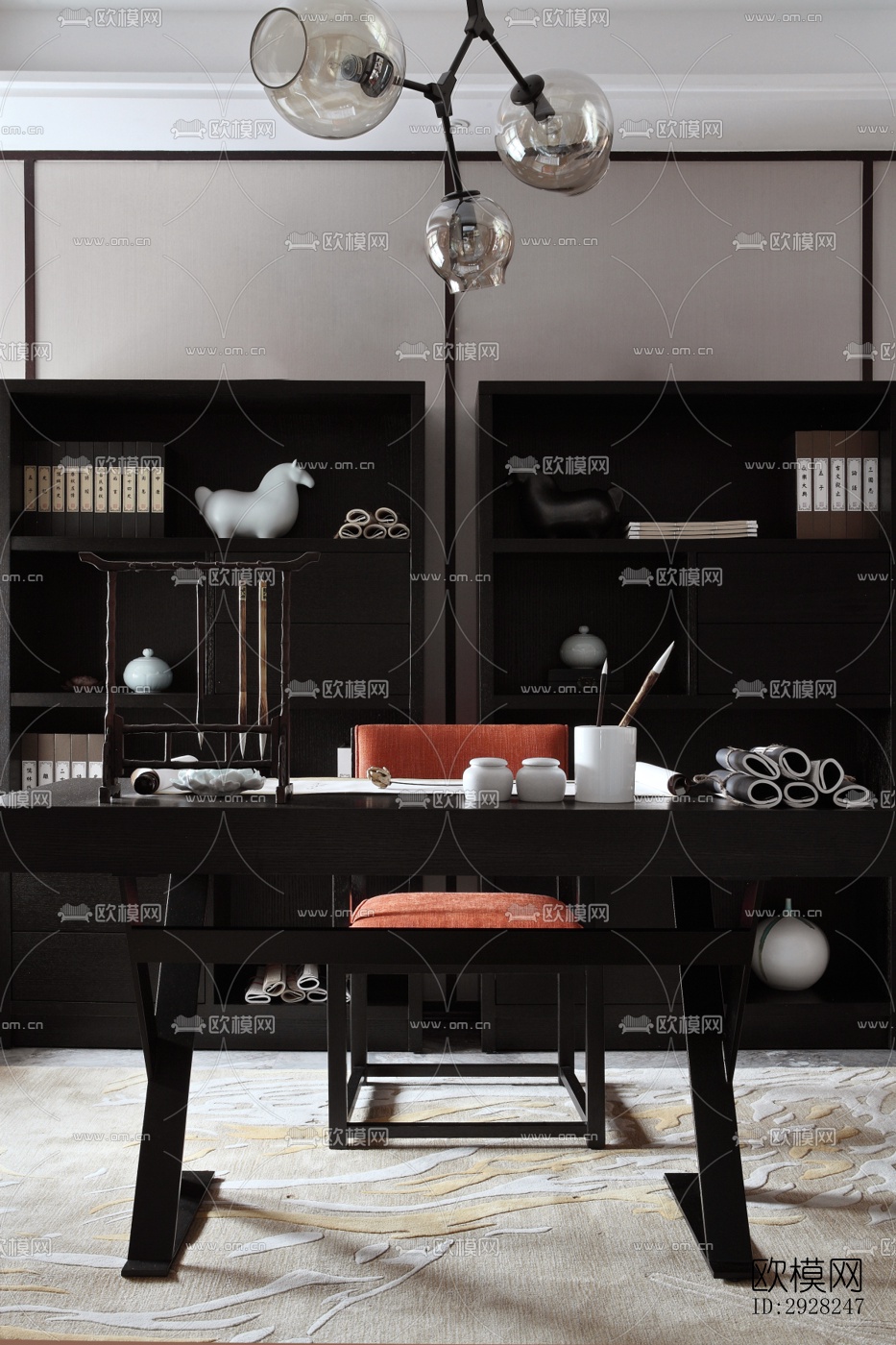 新中式平层效果图下载（渲染图2）