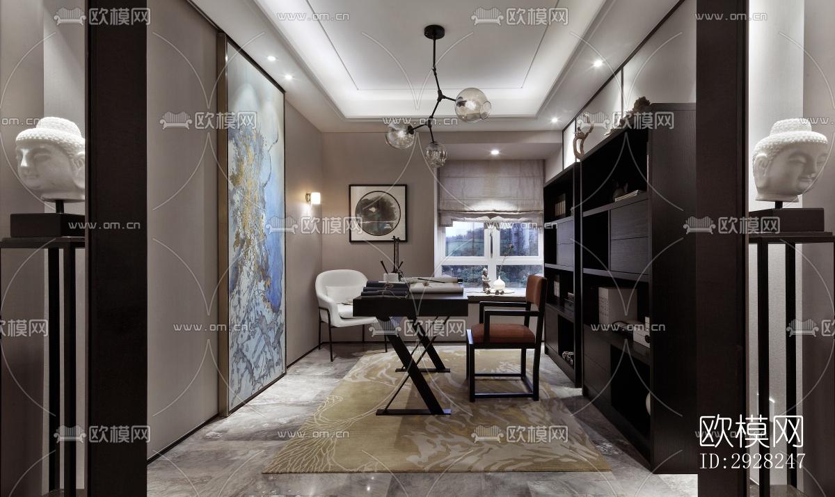 新中式平层效果图下载（渲染图17）