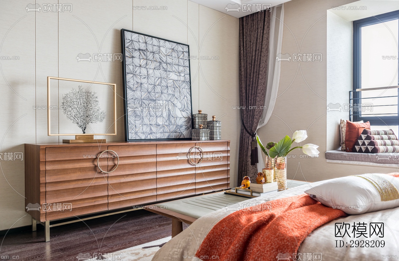 新中式平层效果图下载（渲染图1）