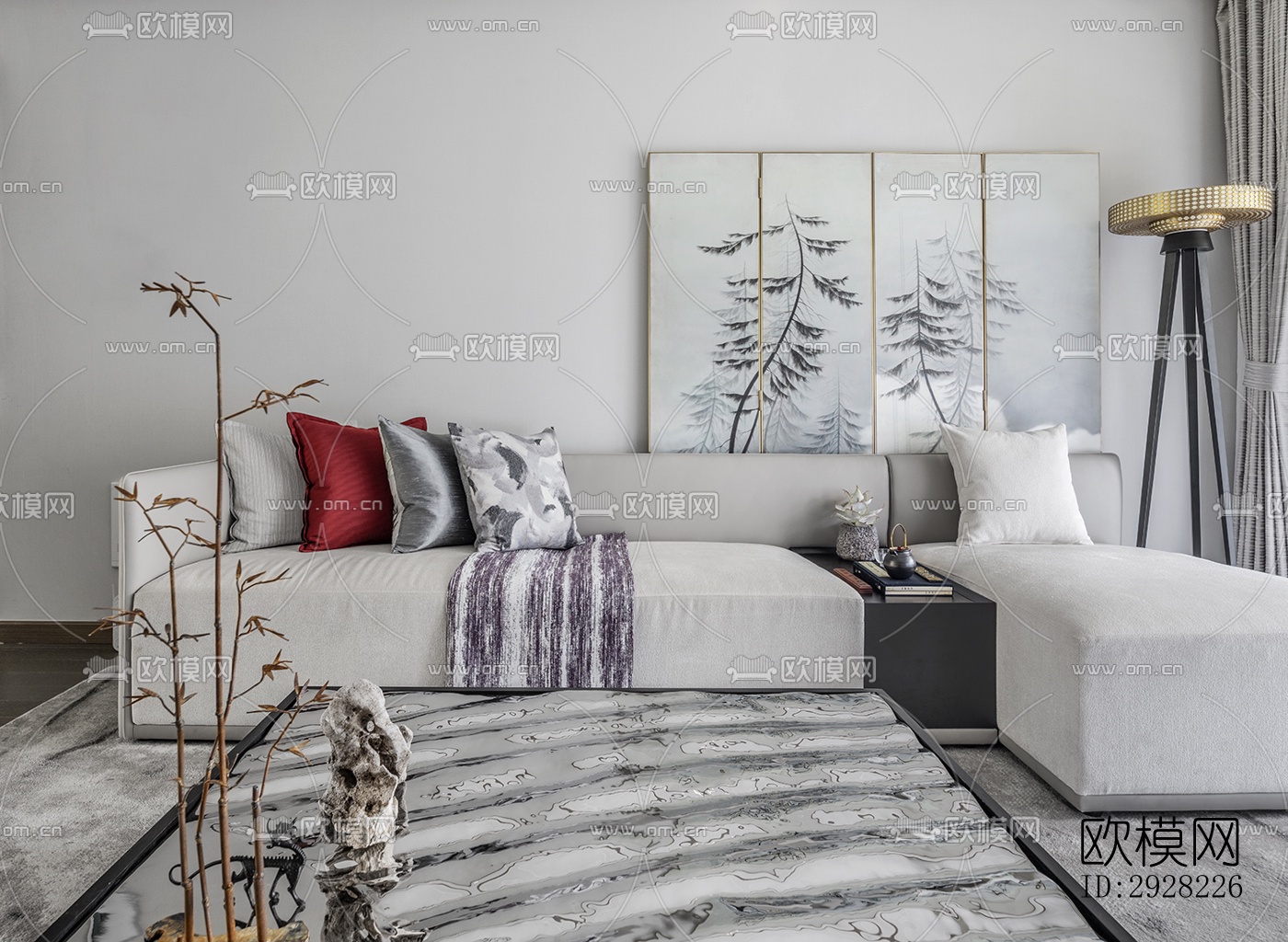 新中式平层效果图下载（渲染图2）