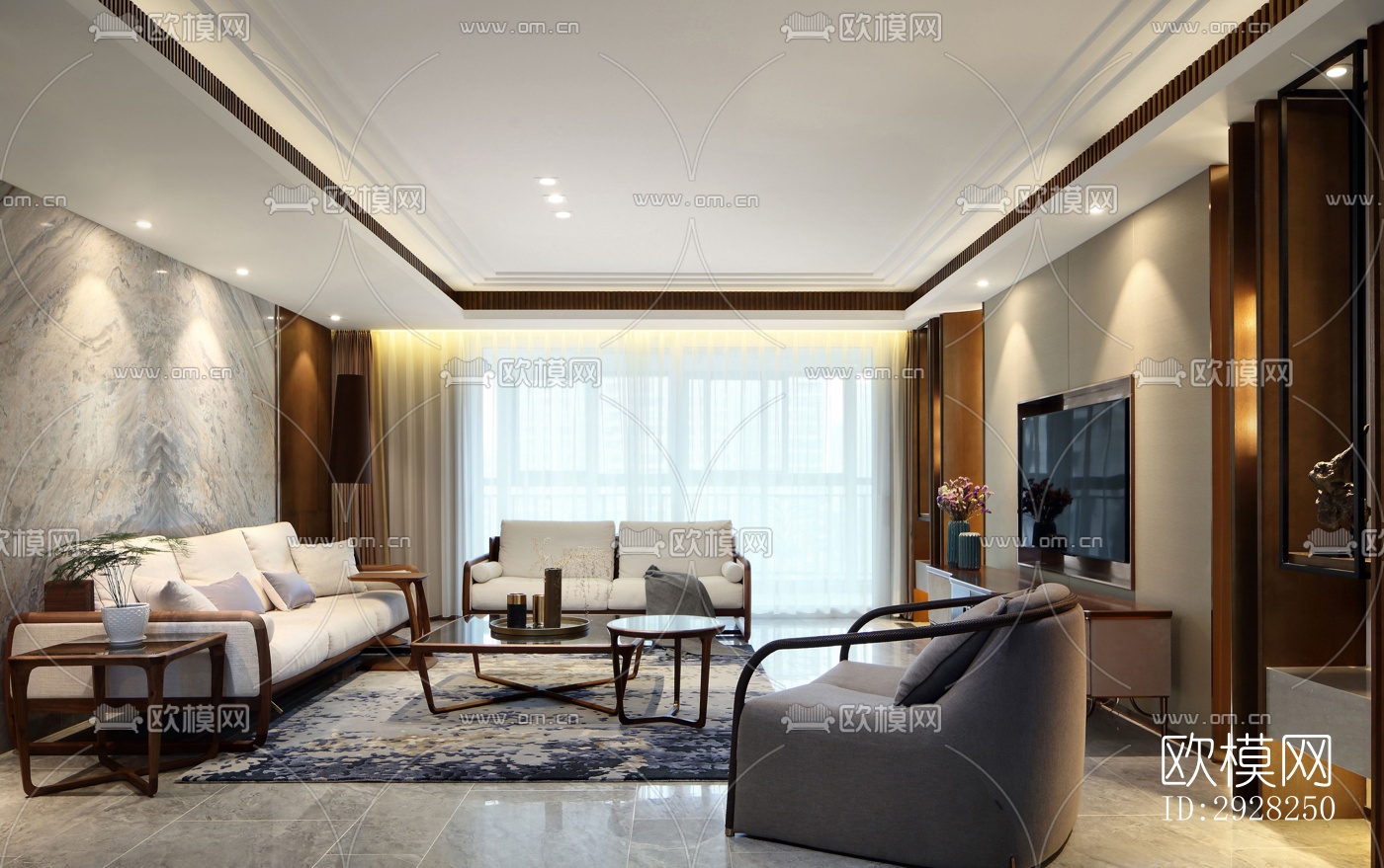 新中式平层效果图下载（渲染图1）