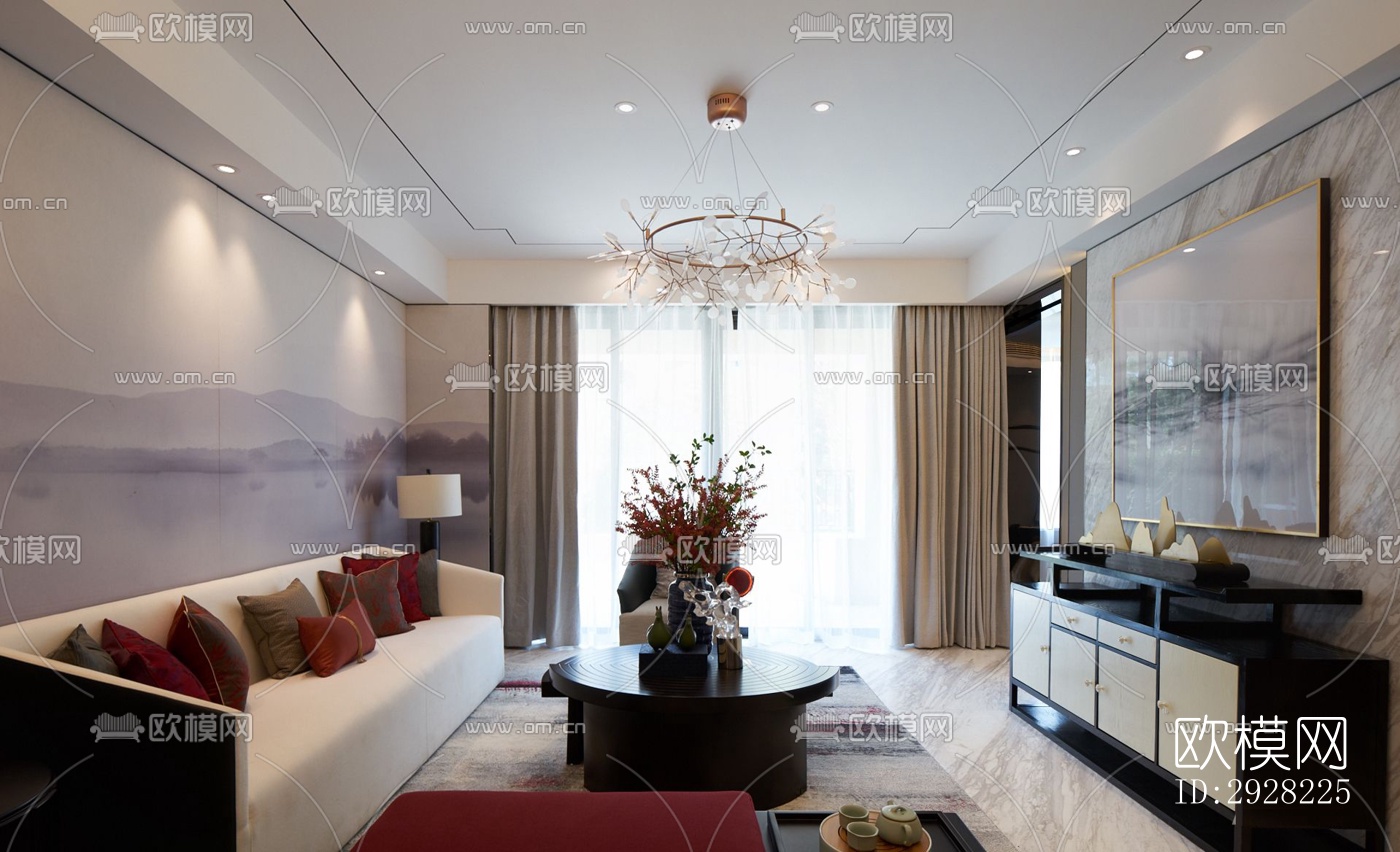 新中式平层效果图下载（渲染图1）