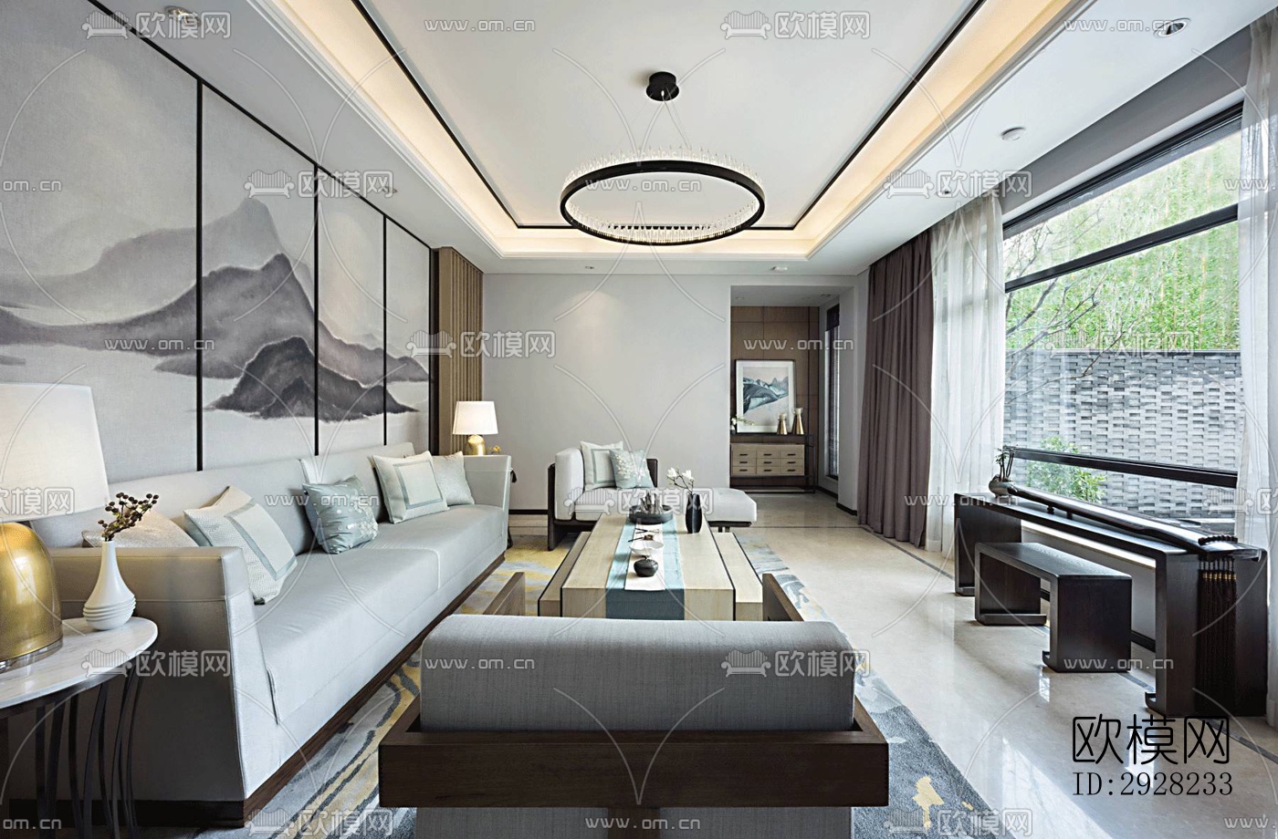 新中式平层效果图下载（渲染图1）