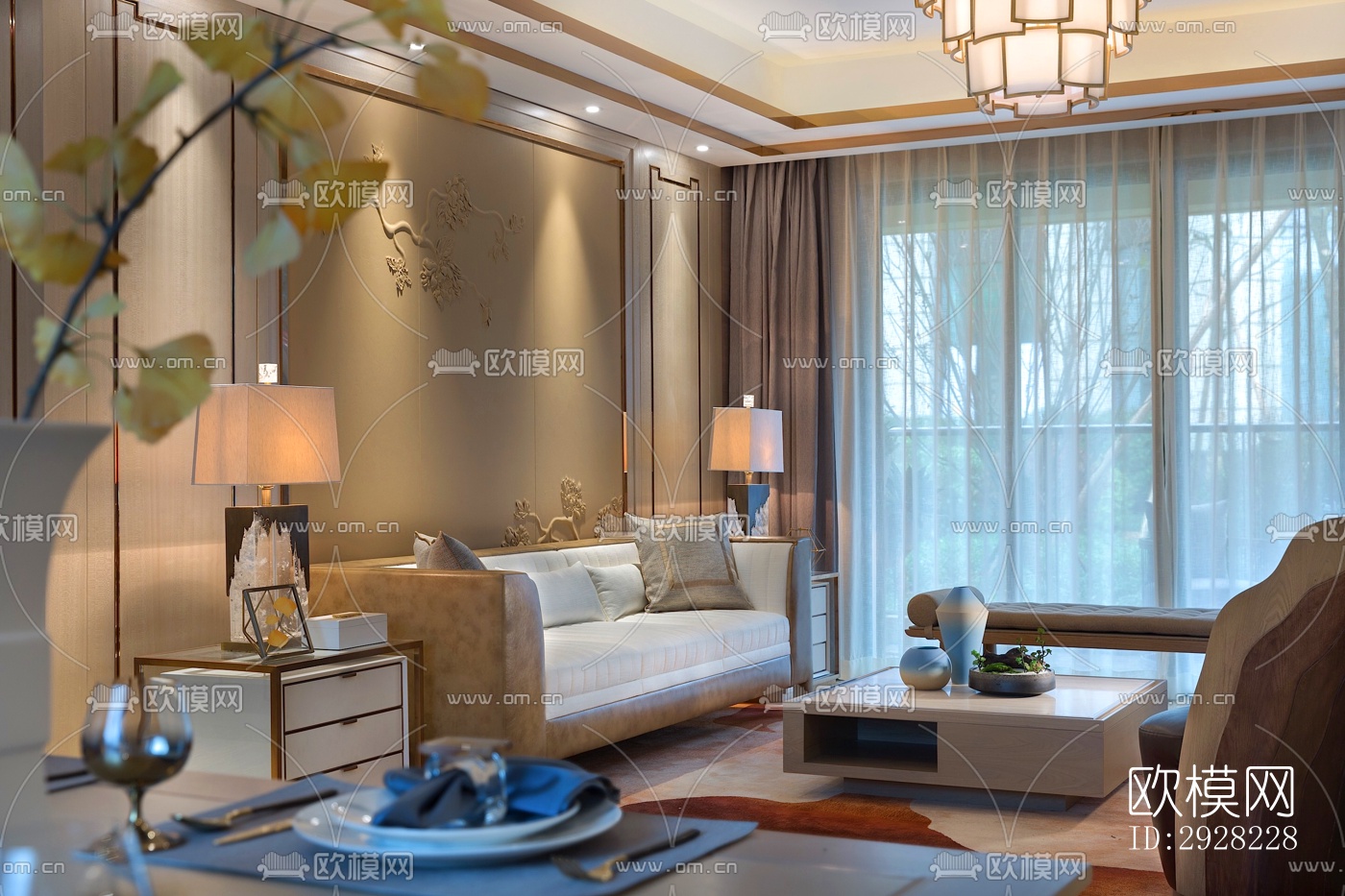 新中式平层效果图下载（渲染图1）