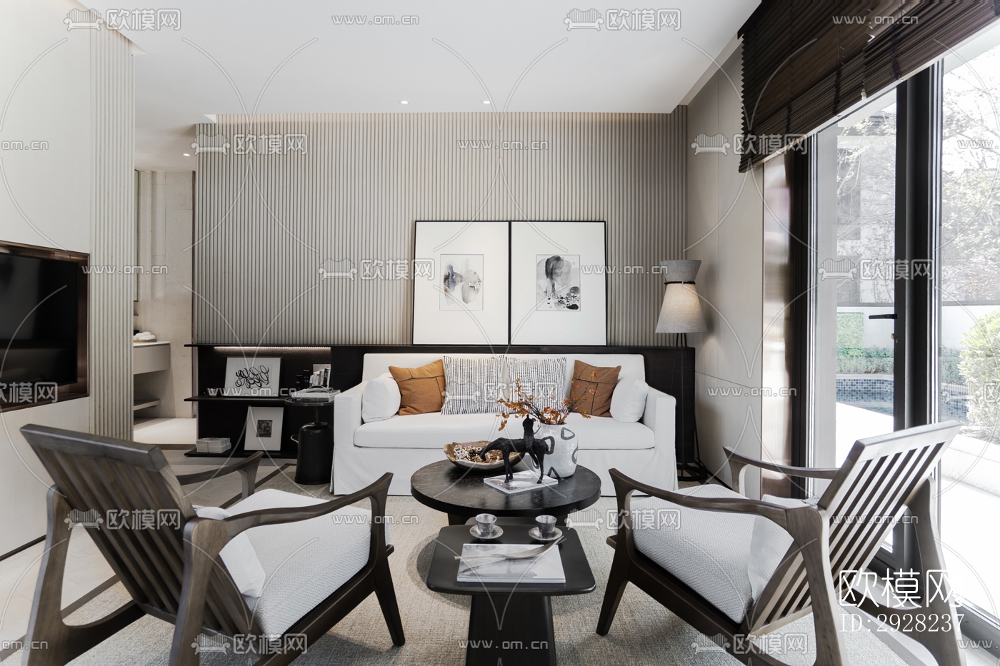 新中式平层效果图下载（渲染图1）