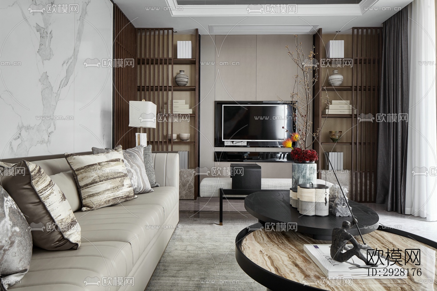 新中式平层效果图下载（渲染图11）