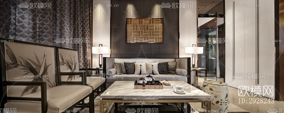 新中式平层效果图下载（渲染图4）