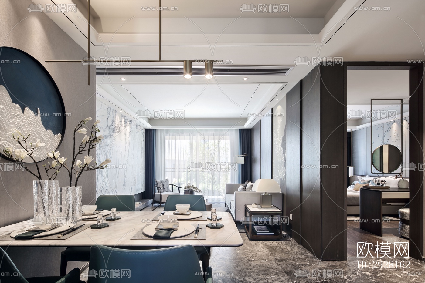 新中式平层效果图下载（渲染图10）