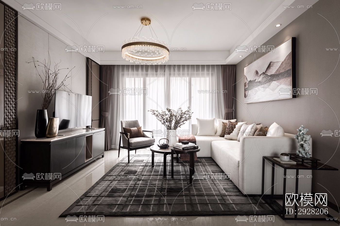 新中式平层效果图下载（渲染图2）