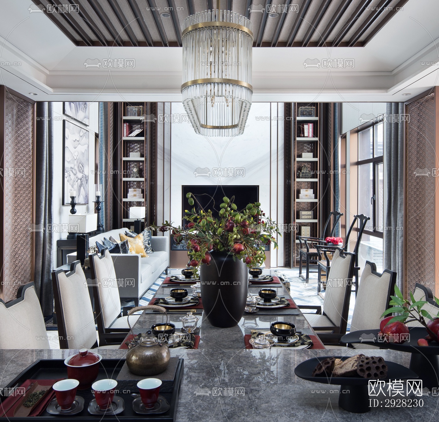 新中式平层效果图下载（渲染图1）