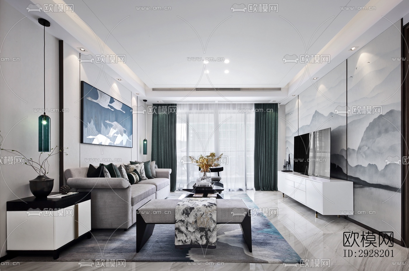 新中式平层效果图下载（渲染图2）