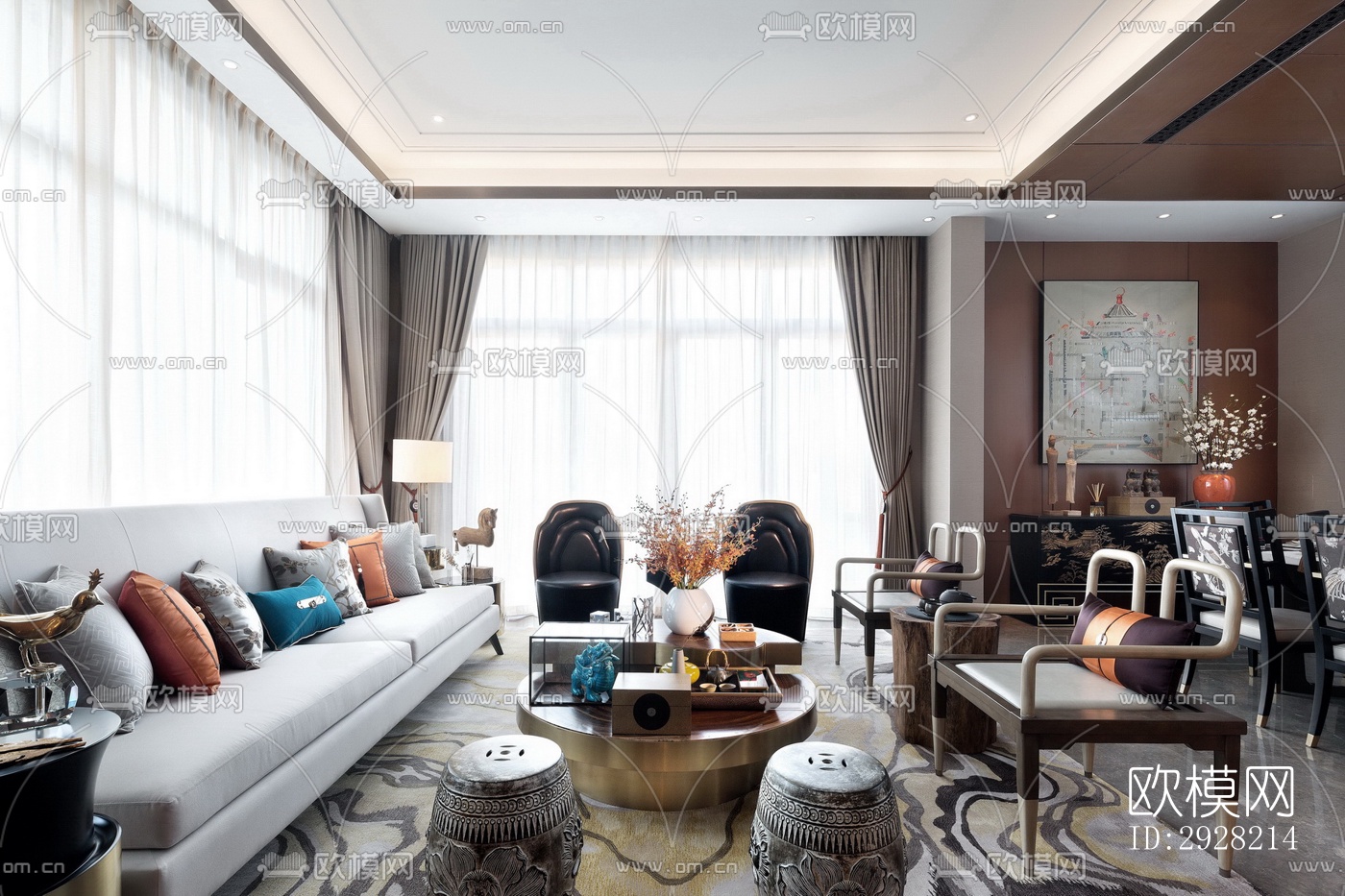 新中式平层效果图下载（渲染图2）