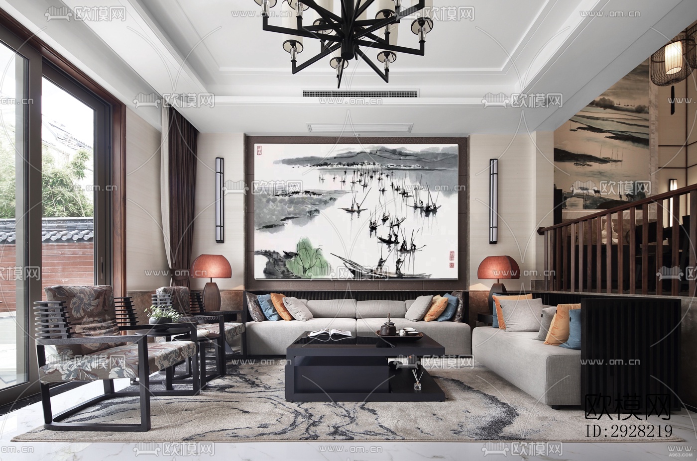 新中式平层效果图下载（渲染图10）