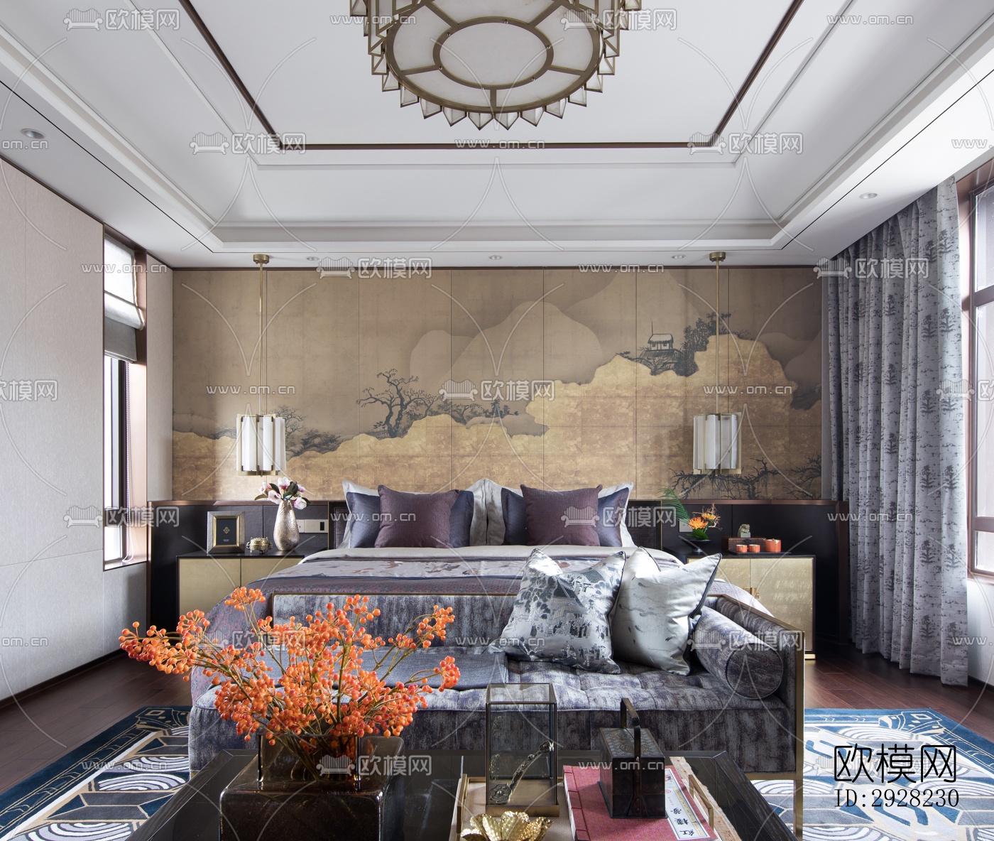 新中式平层效果图下载（渲染图7）