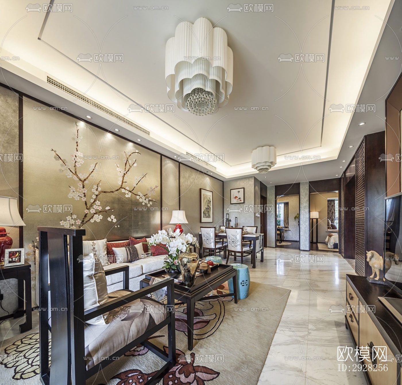 新中式平层效果图下载（渲染图13）