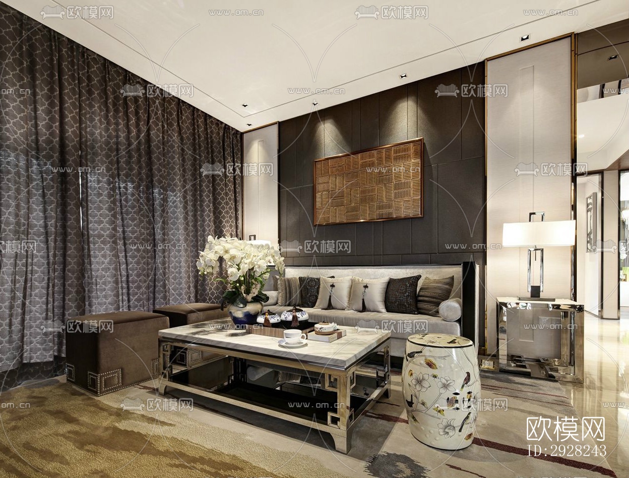 新中式平层效果图下载（渲染图3）