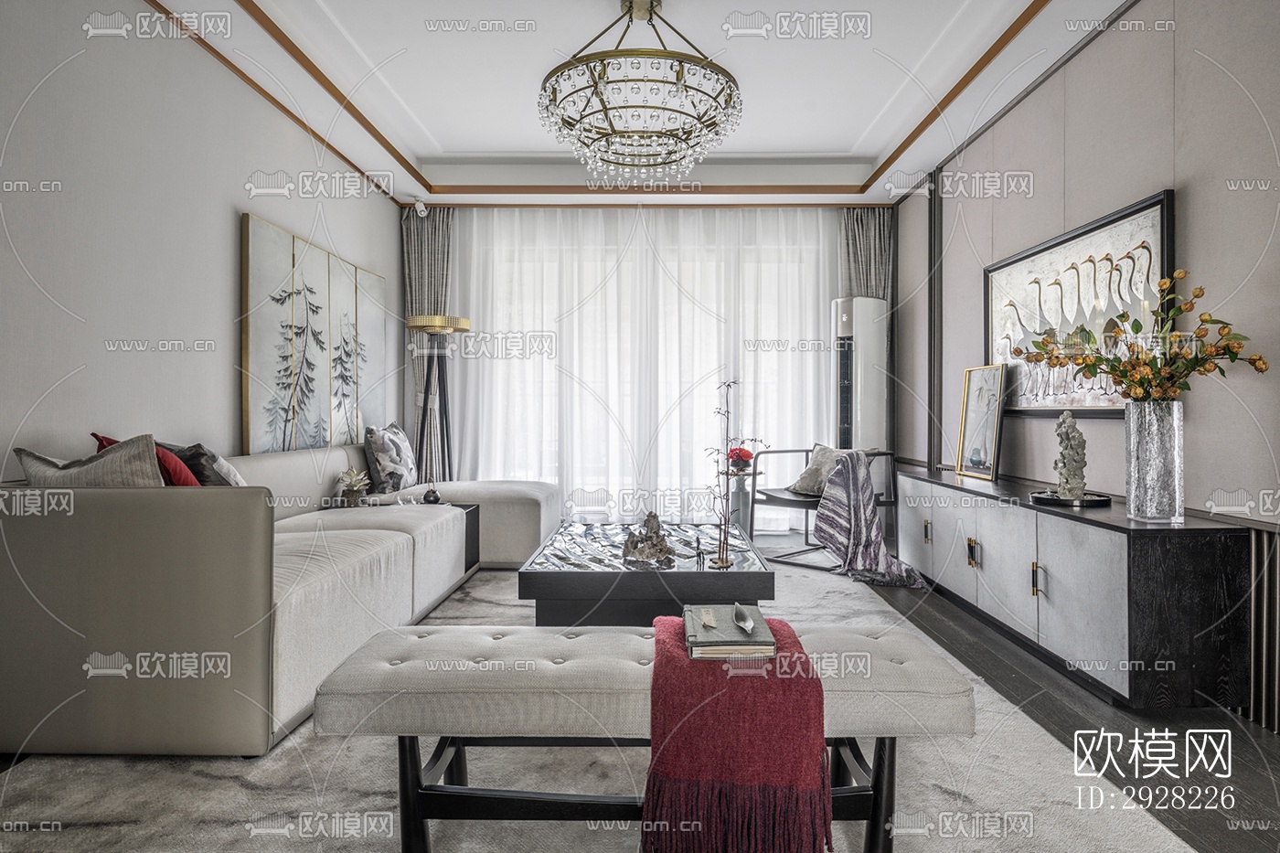 新中式平层效果图下载（渲染图1）