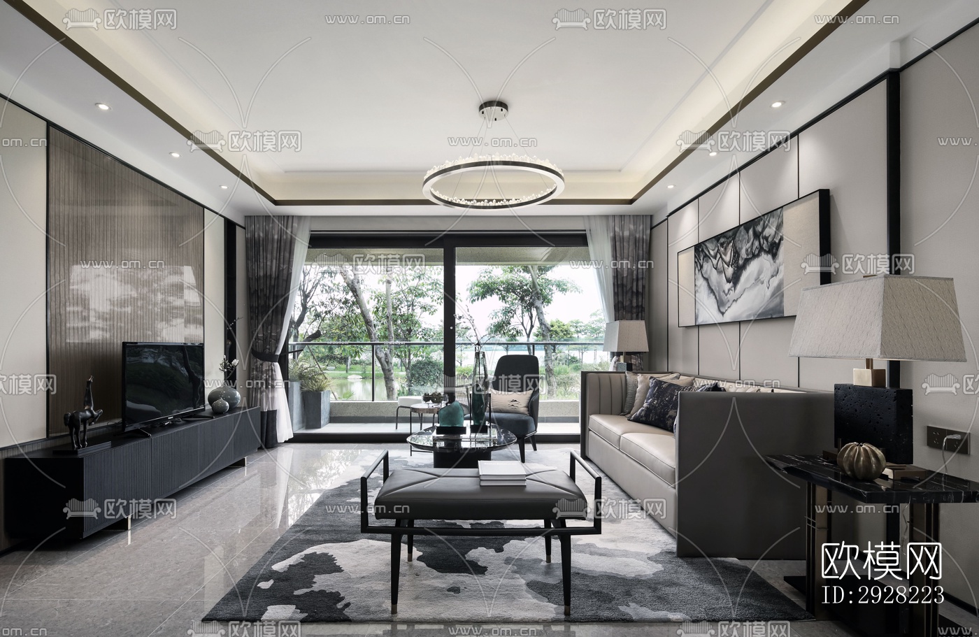 新中式平层效果图下载（渲染图1）