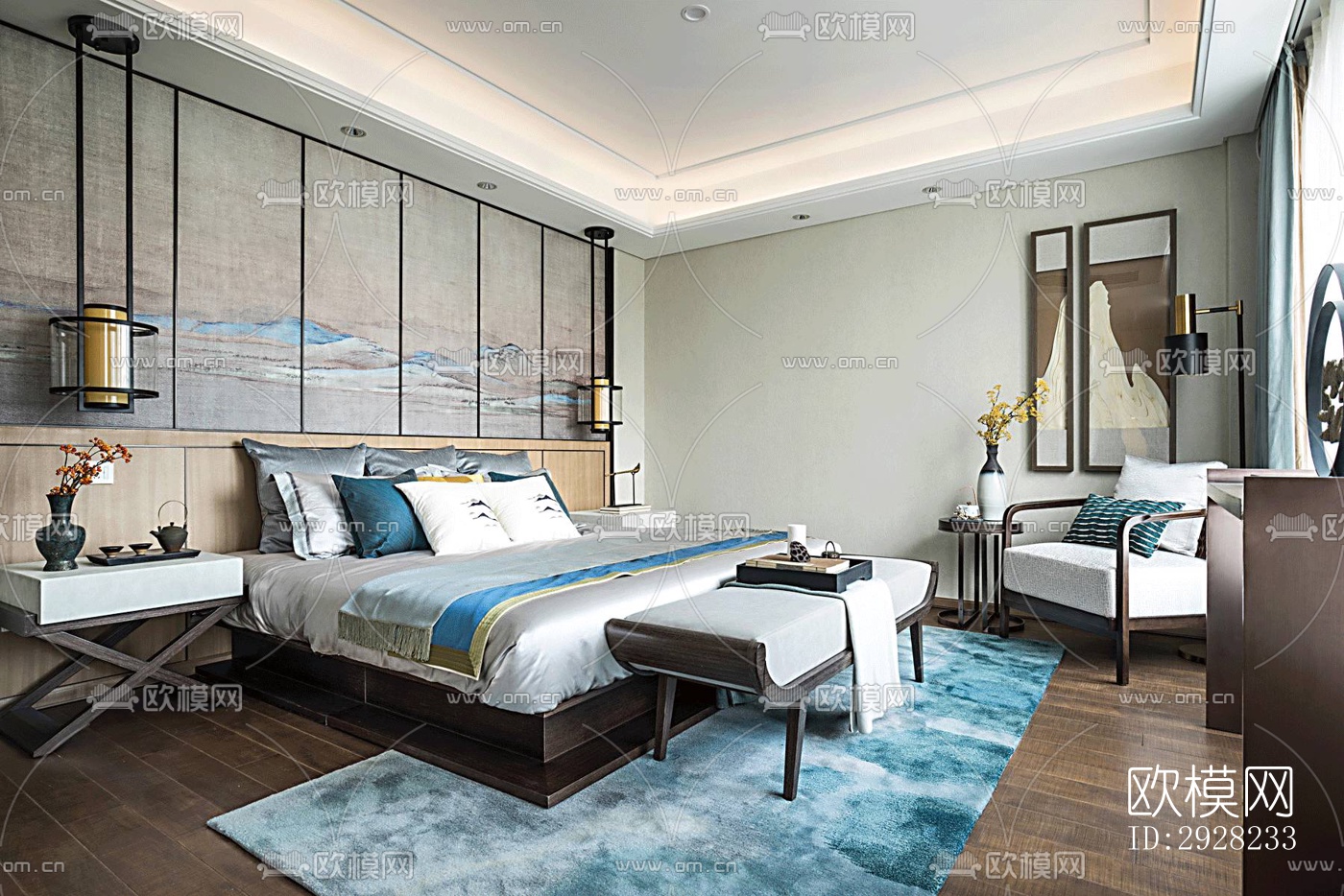 新中式平层效果图下载（渲染图13）