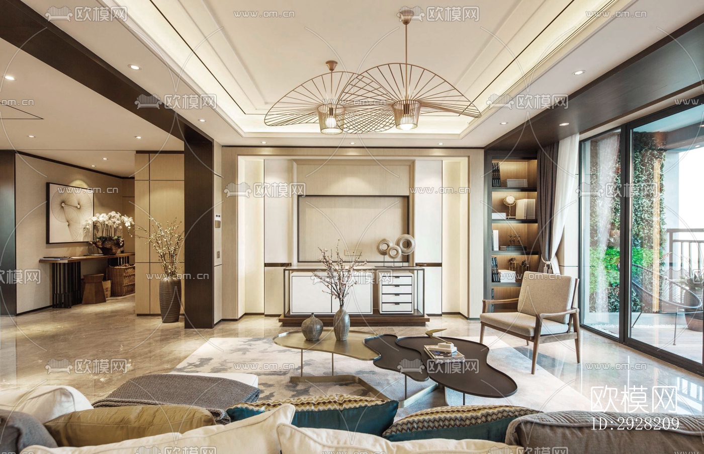 新中式平层效果图下载（渲染图8）