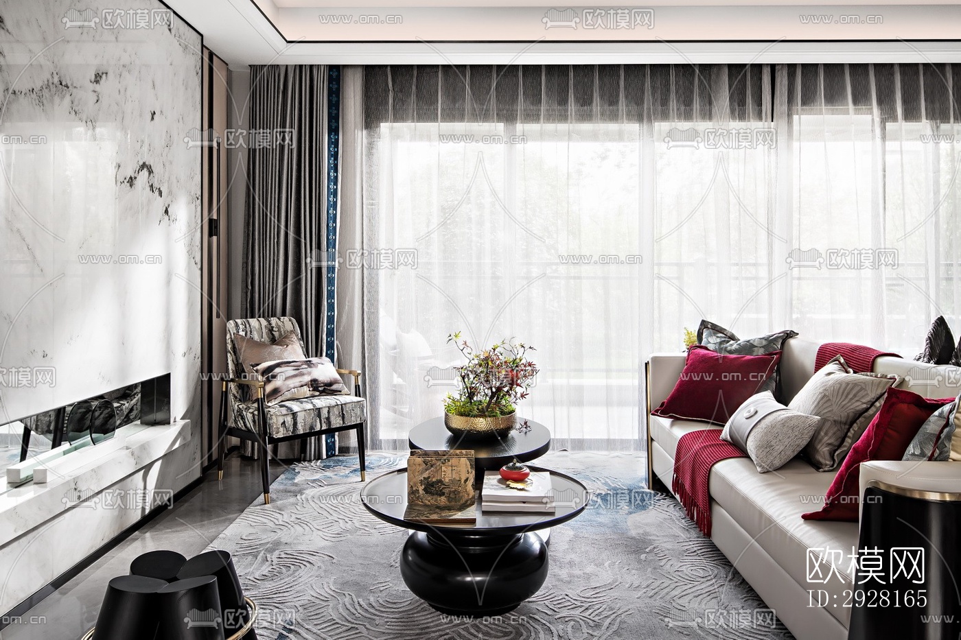 新中式平层效果图下载（渲染图11）