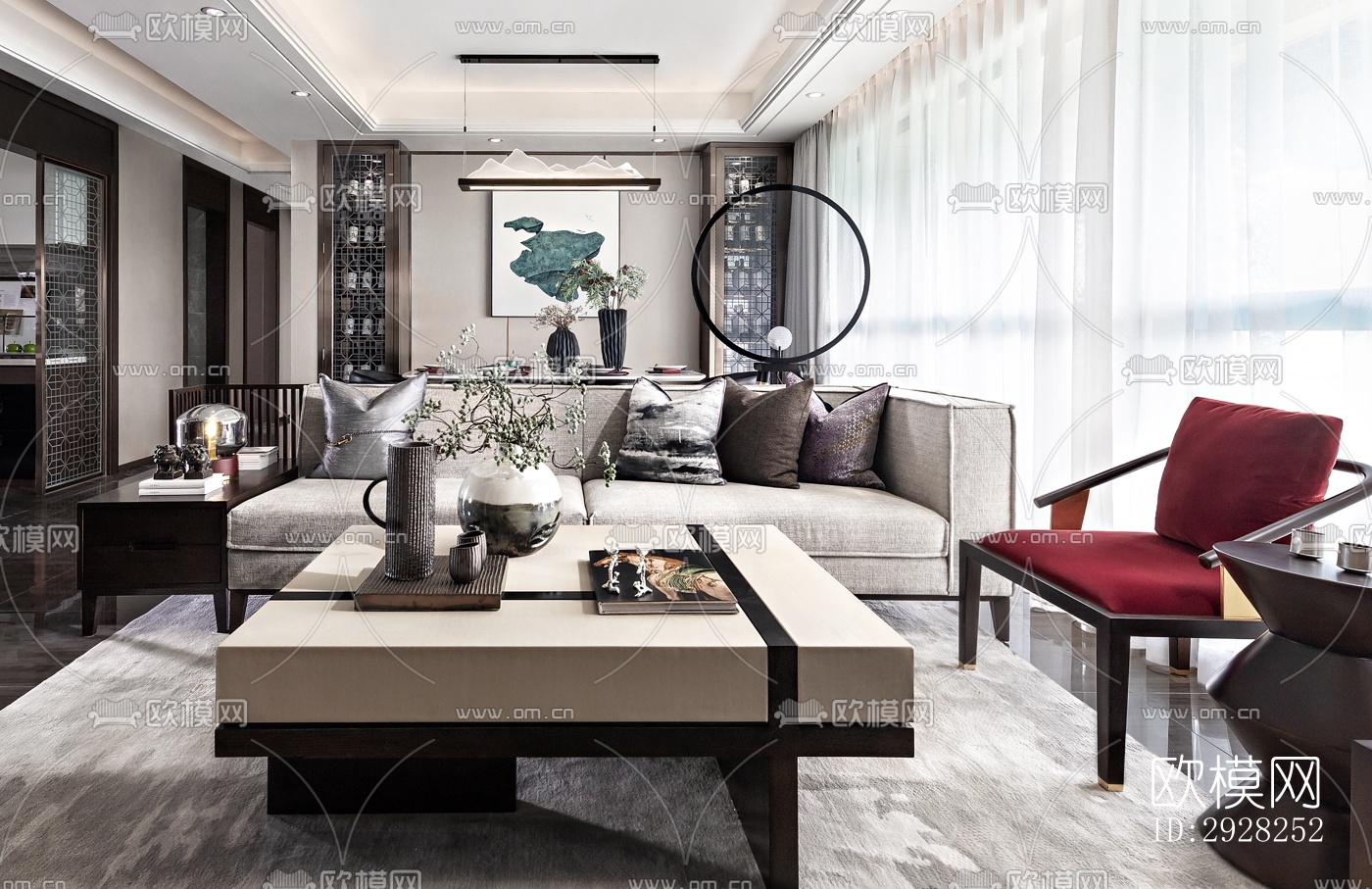 新中式平层效果图下载（渲染图1）