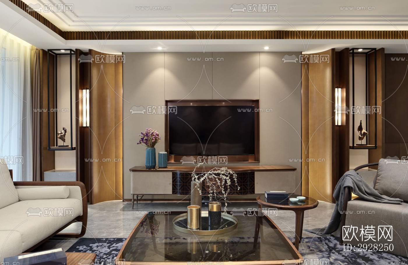 新中式平层效果图下载（渲染图10）