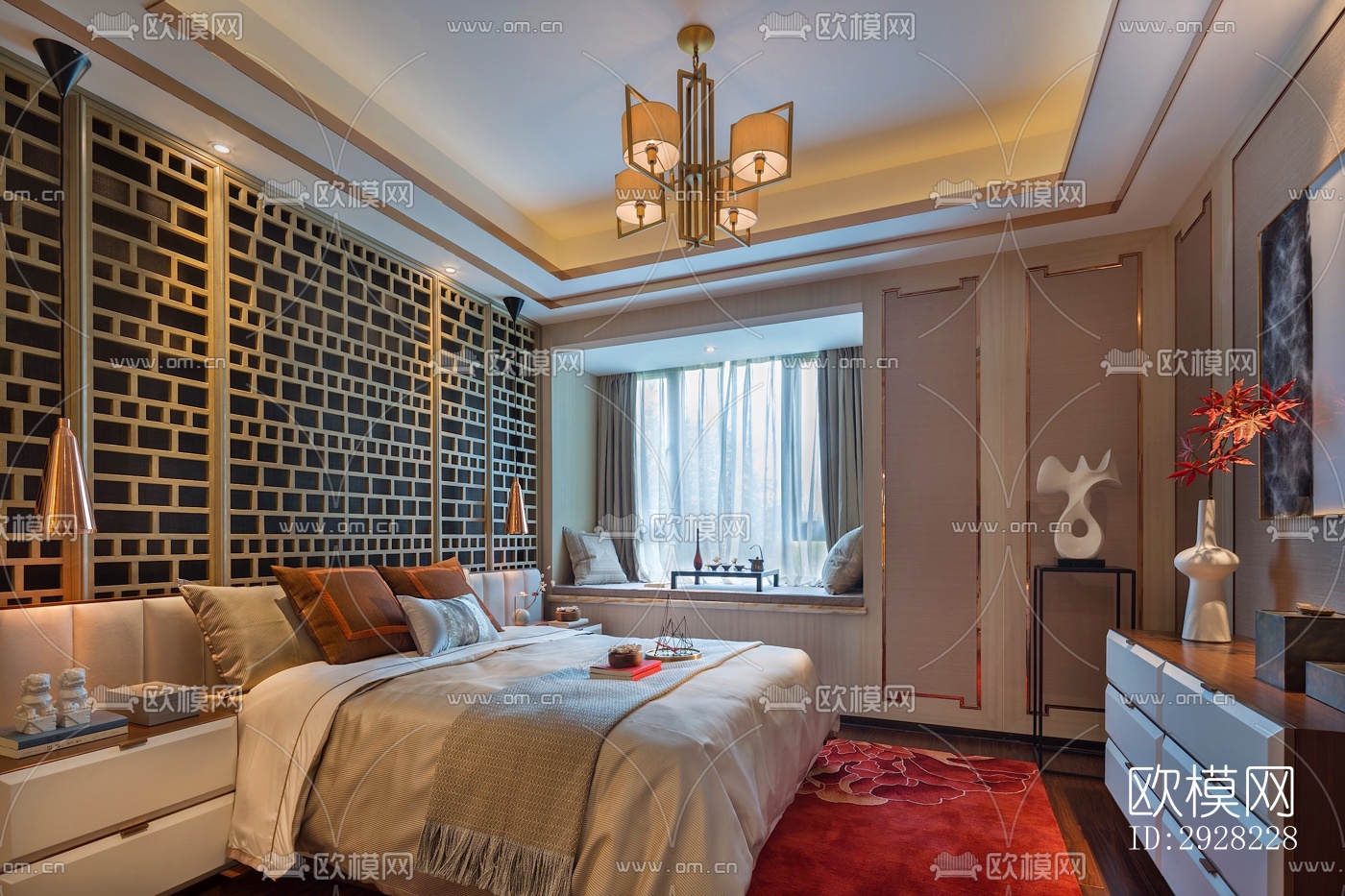 新中式平层效果图下载（渲染图8）