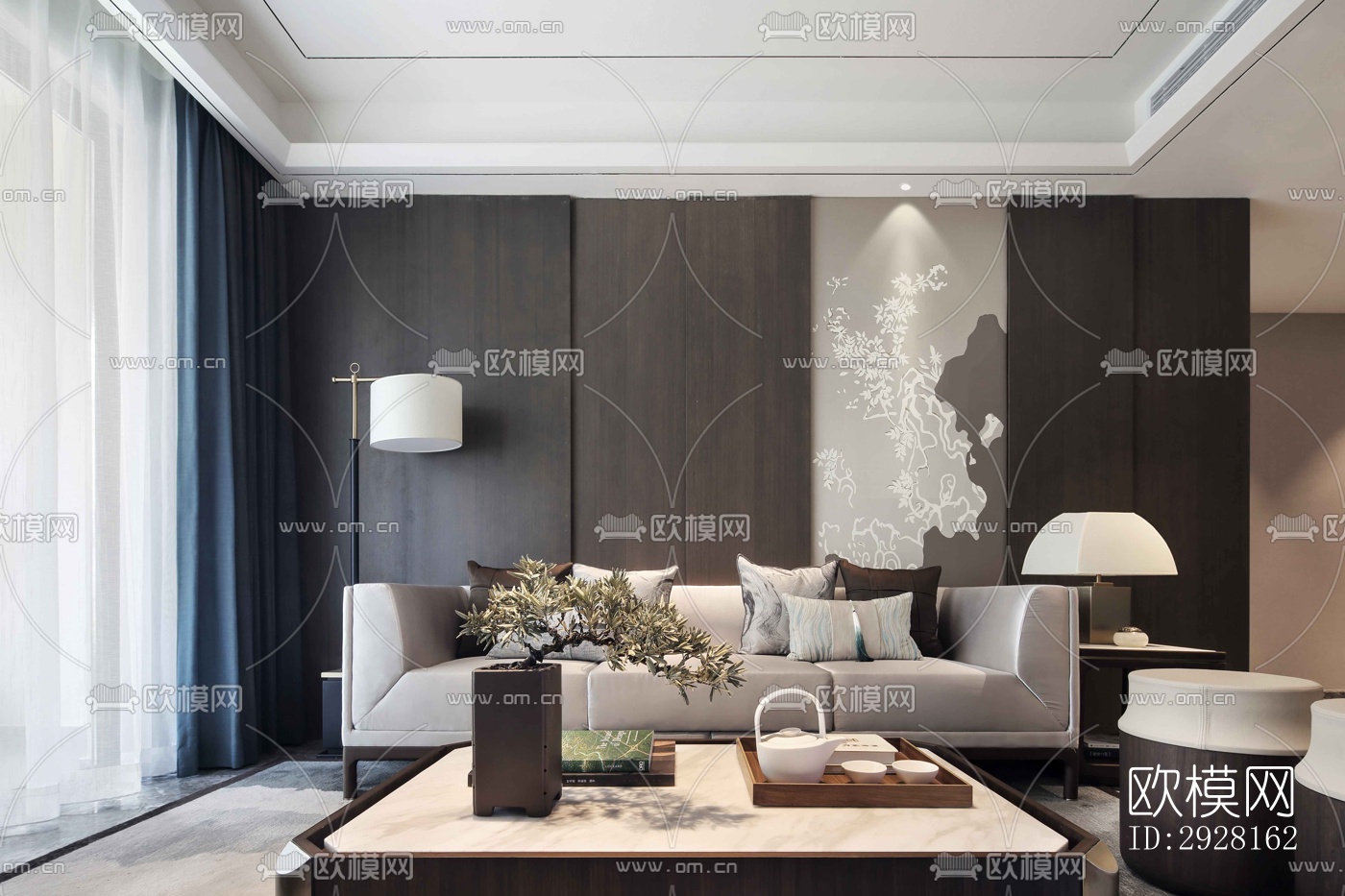 新中式平层效果图下载（渲染图1）