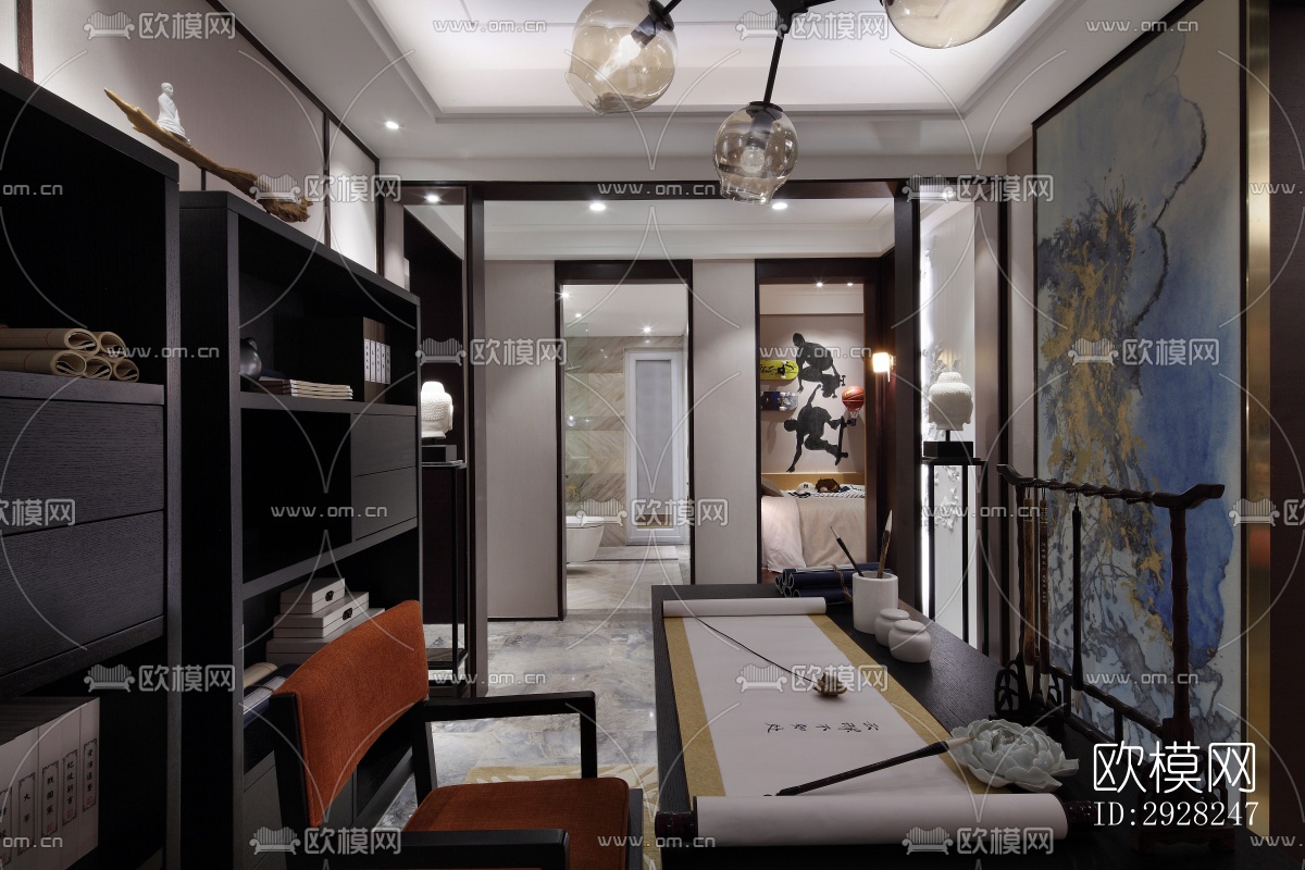 新中式平层效果图下载（渲染图18）