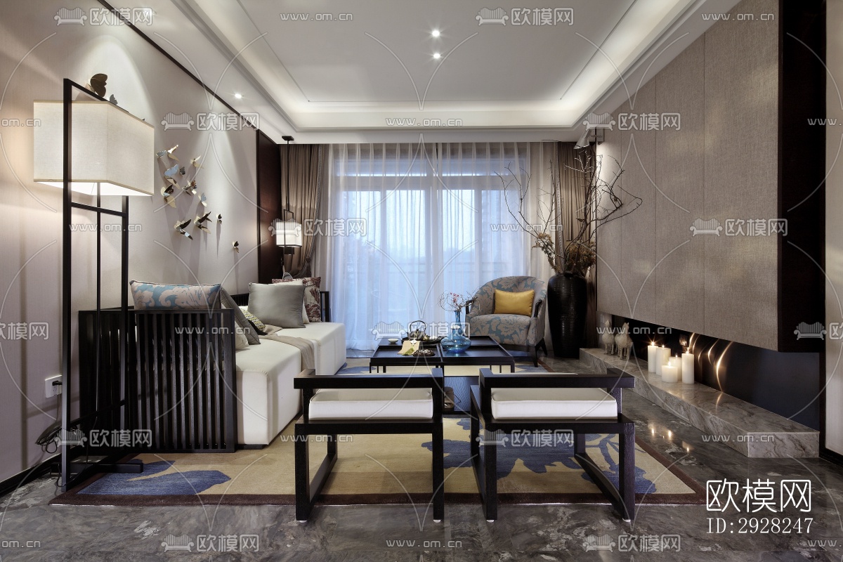 新中式平层效果图下载（渲染图1）