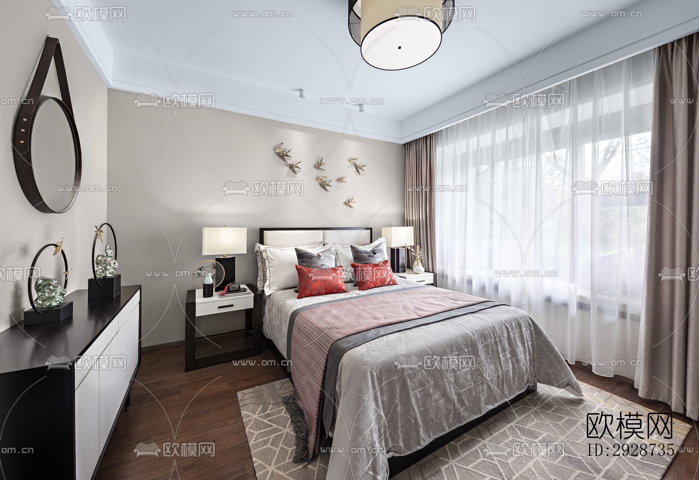 新中式平层效果图下载（渲染图9）