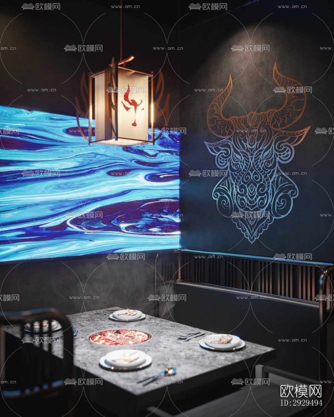 高级灰火锅烤肉效果图下载（渲染图9）