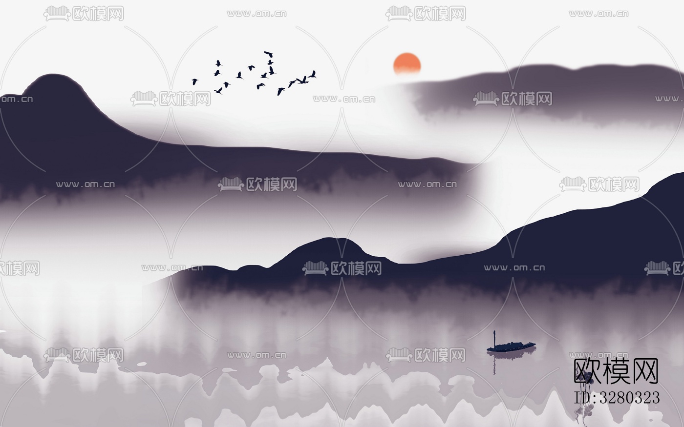 中式山水壁画下载