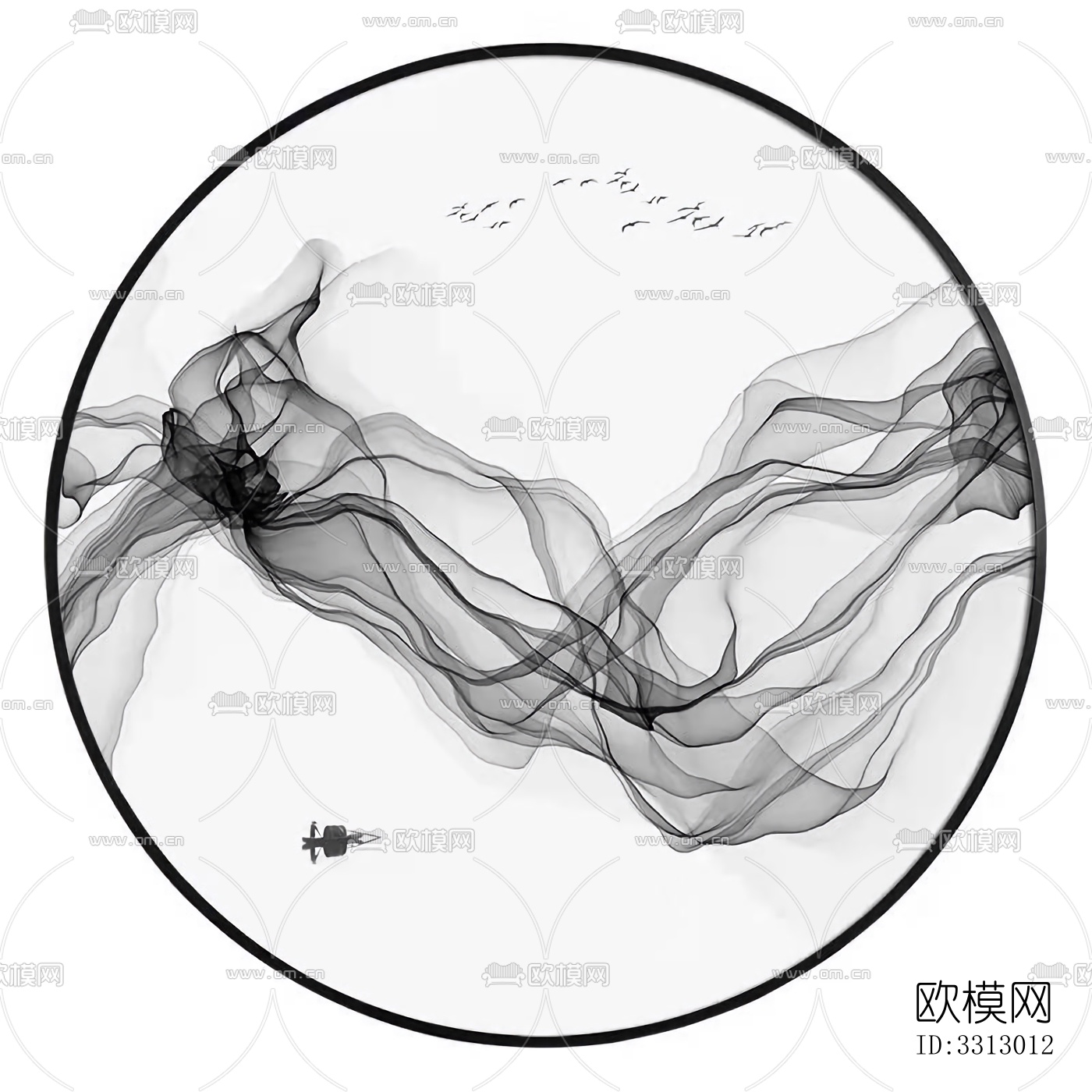 新中式圆形水墨装饰画下载
