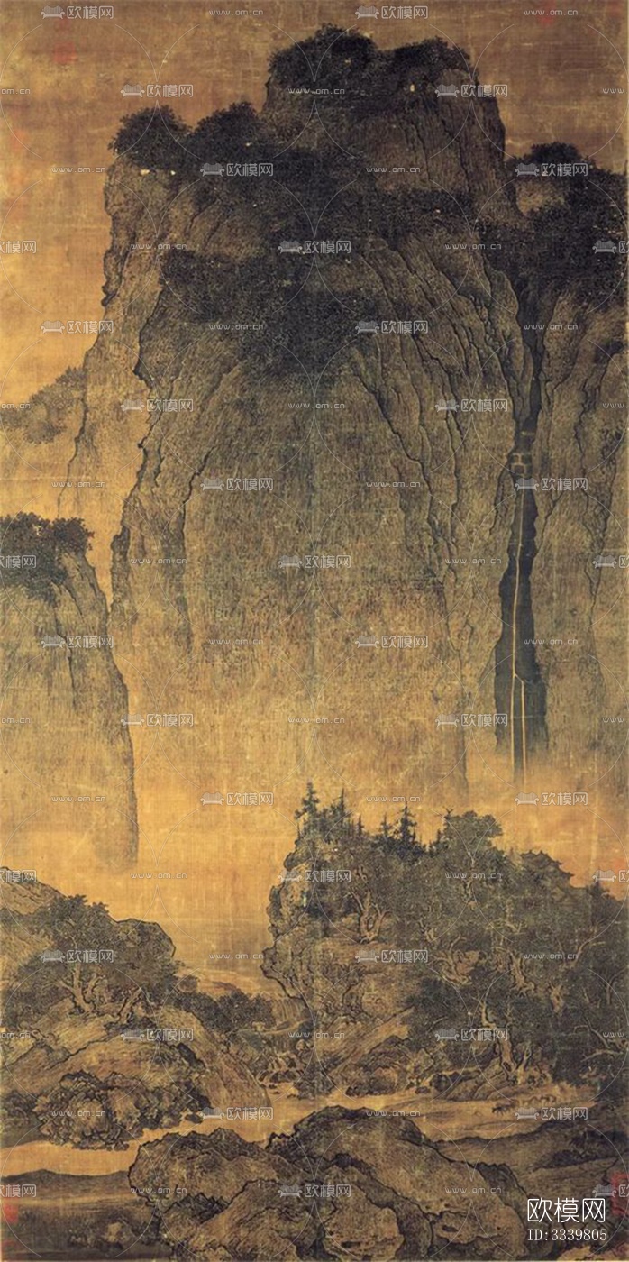 中式国画山水画挂画壁画禅意装饰画壁纸下载（渲染图4）