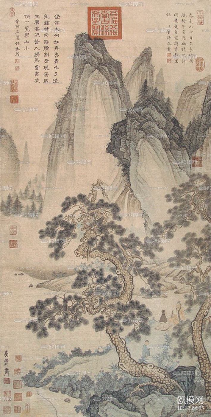 中式国画山水画挂画壁画禅意装饰画壁纸下载（渲染图6）