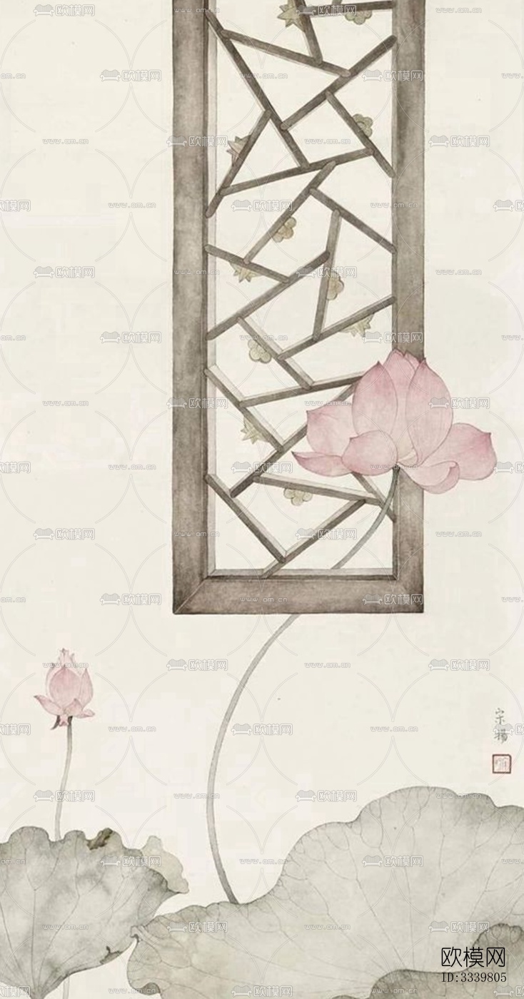 中式国画山水画挂画壁画禅意装饰画壁纸下载（渲染图2）