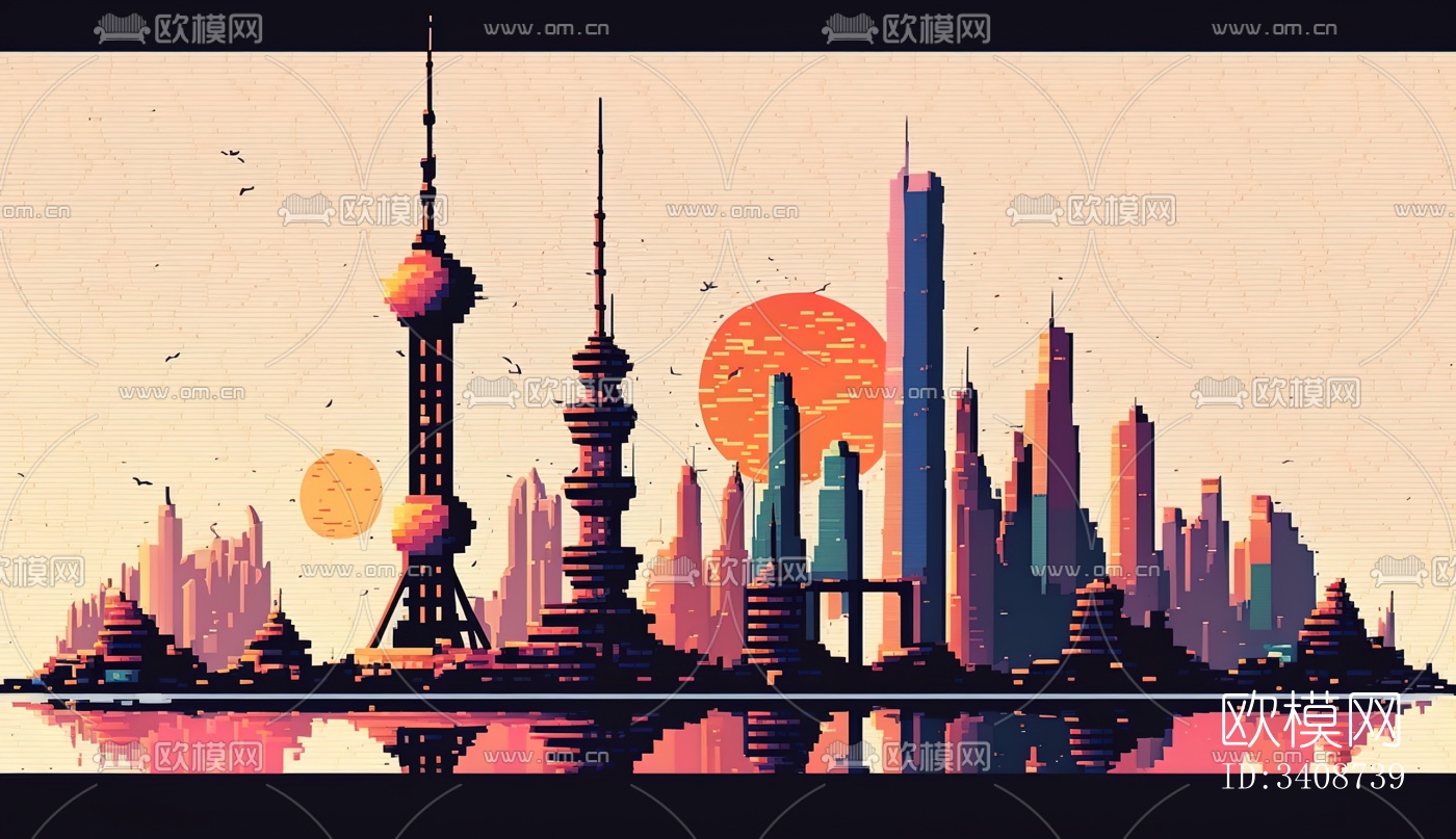 马赛克数字城市装饰画贴图下载