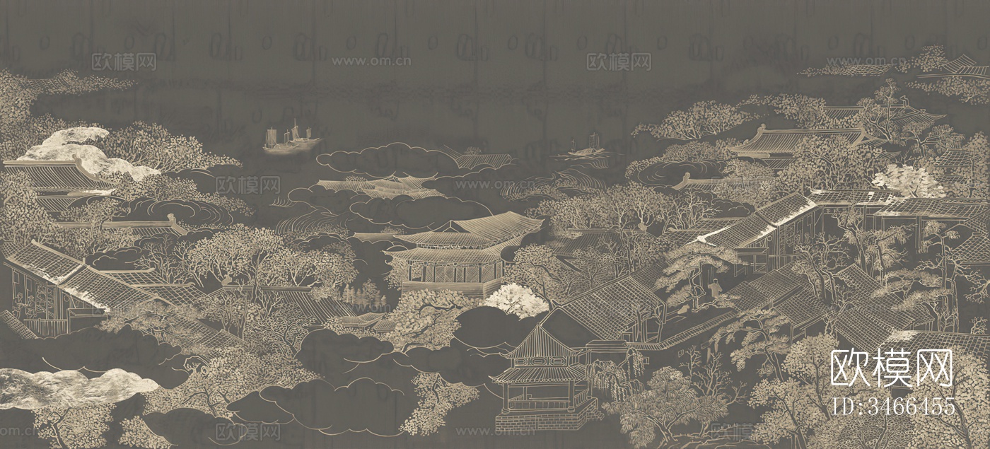 中式山水楼阁壁画下载